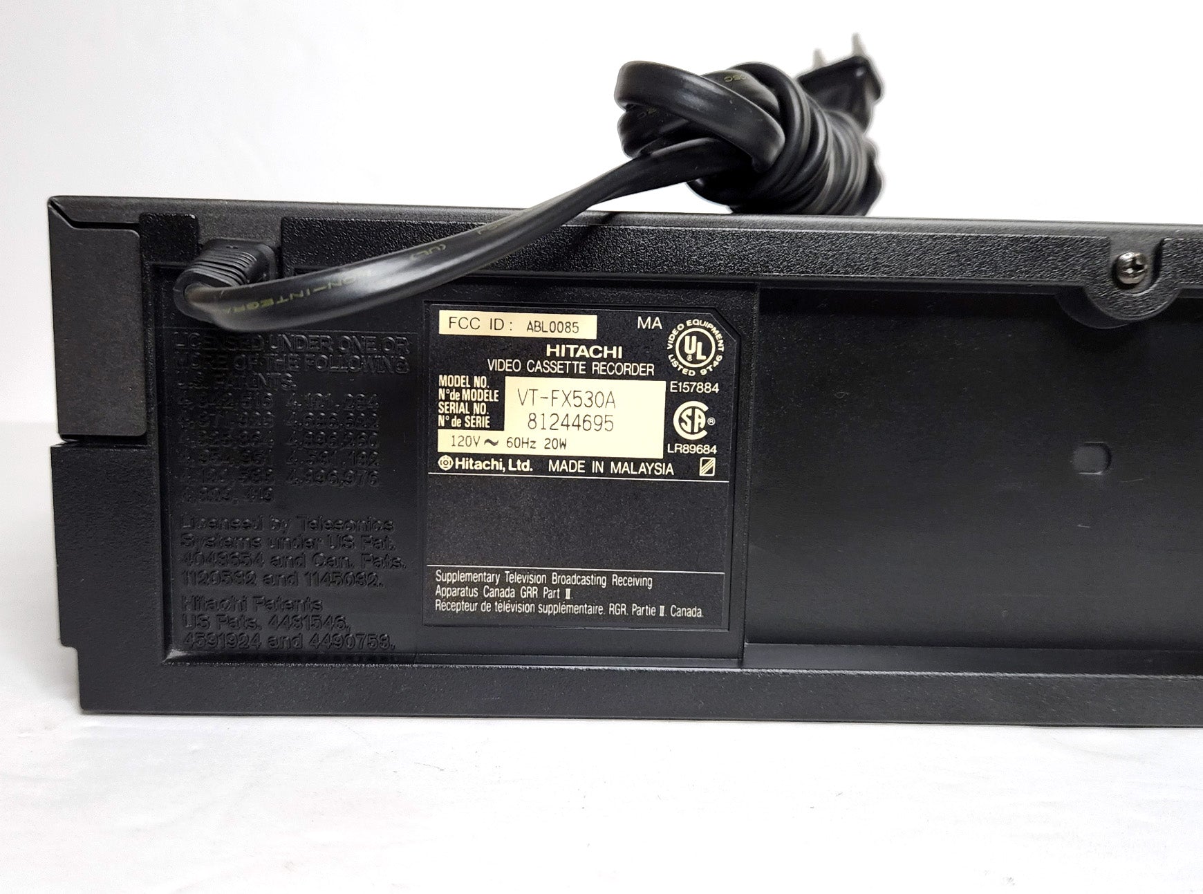 Hitachi VT-FX530A VCR - Label