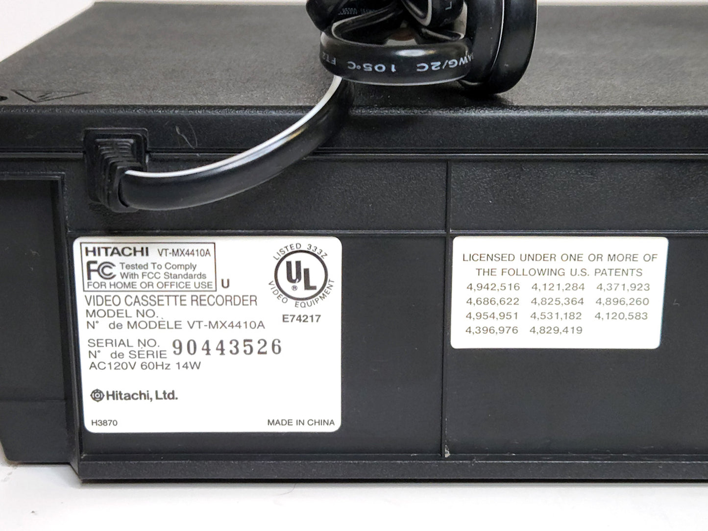 Hitachi VT-MX4410A VCR, 4-Head Mono - Label