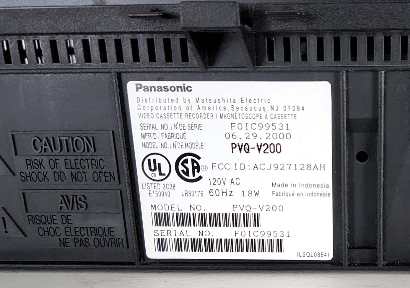 Panasonic PVQ-V200 Omnivision VCR, 2-Head Mono - Label