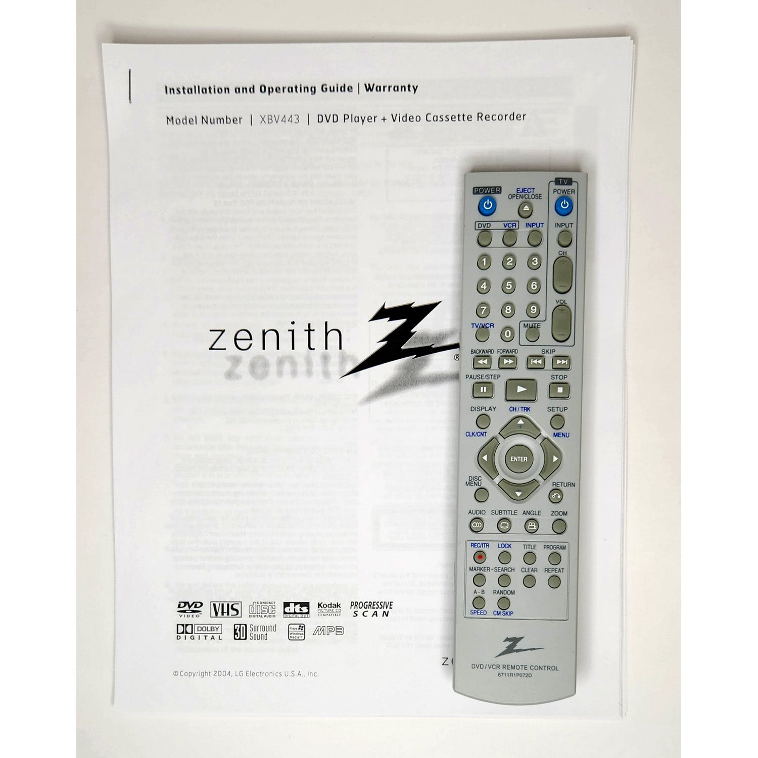 Zenith XBV443 VCR/DVD Player Combo - Remote Control and Manual