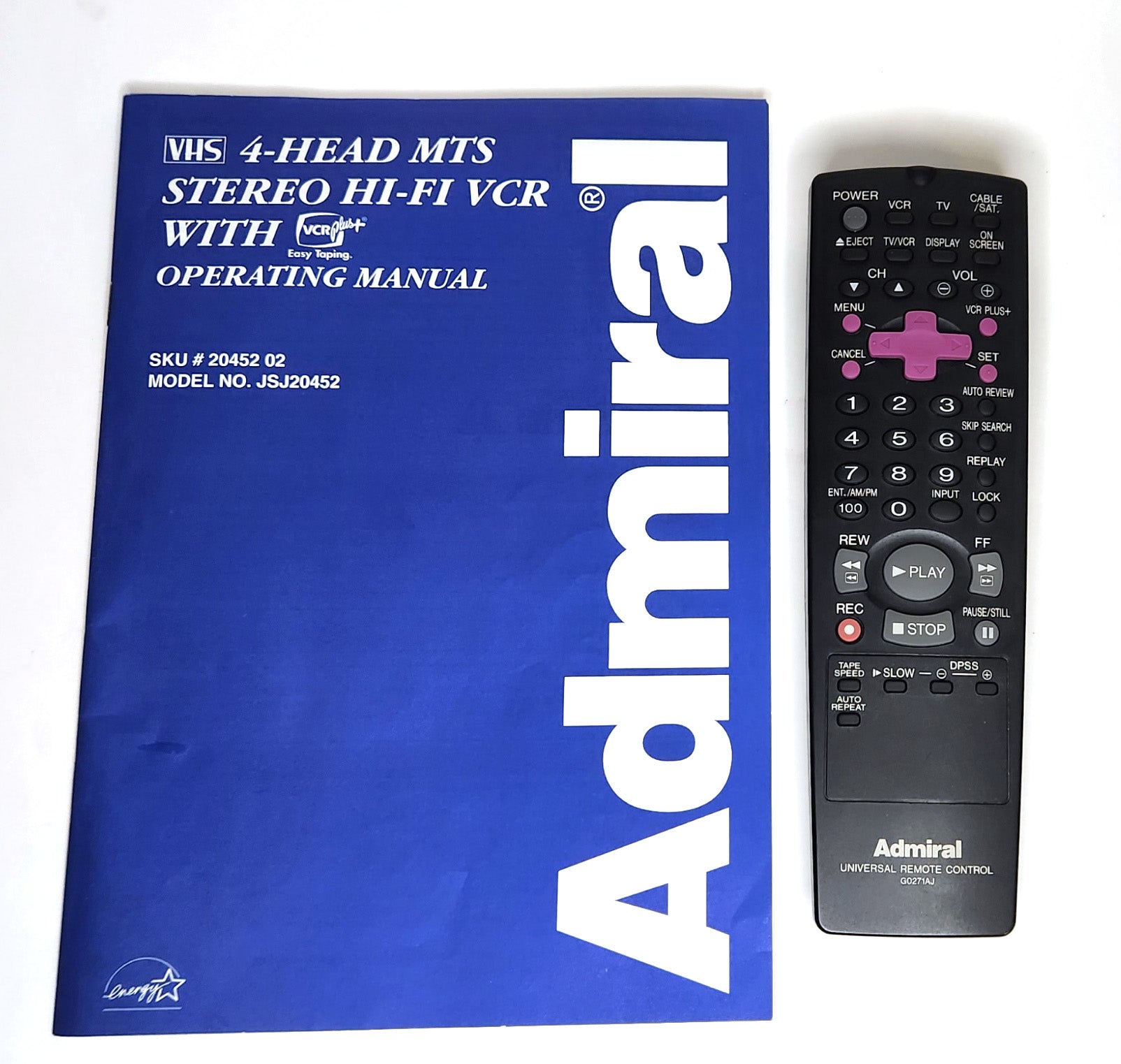 Admiral JSJ20452 VCR, 4-Head Hi-Fi Stereo - Remote Control and Manual