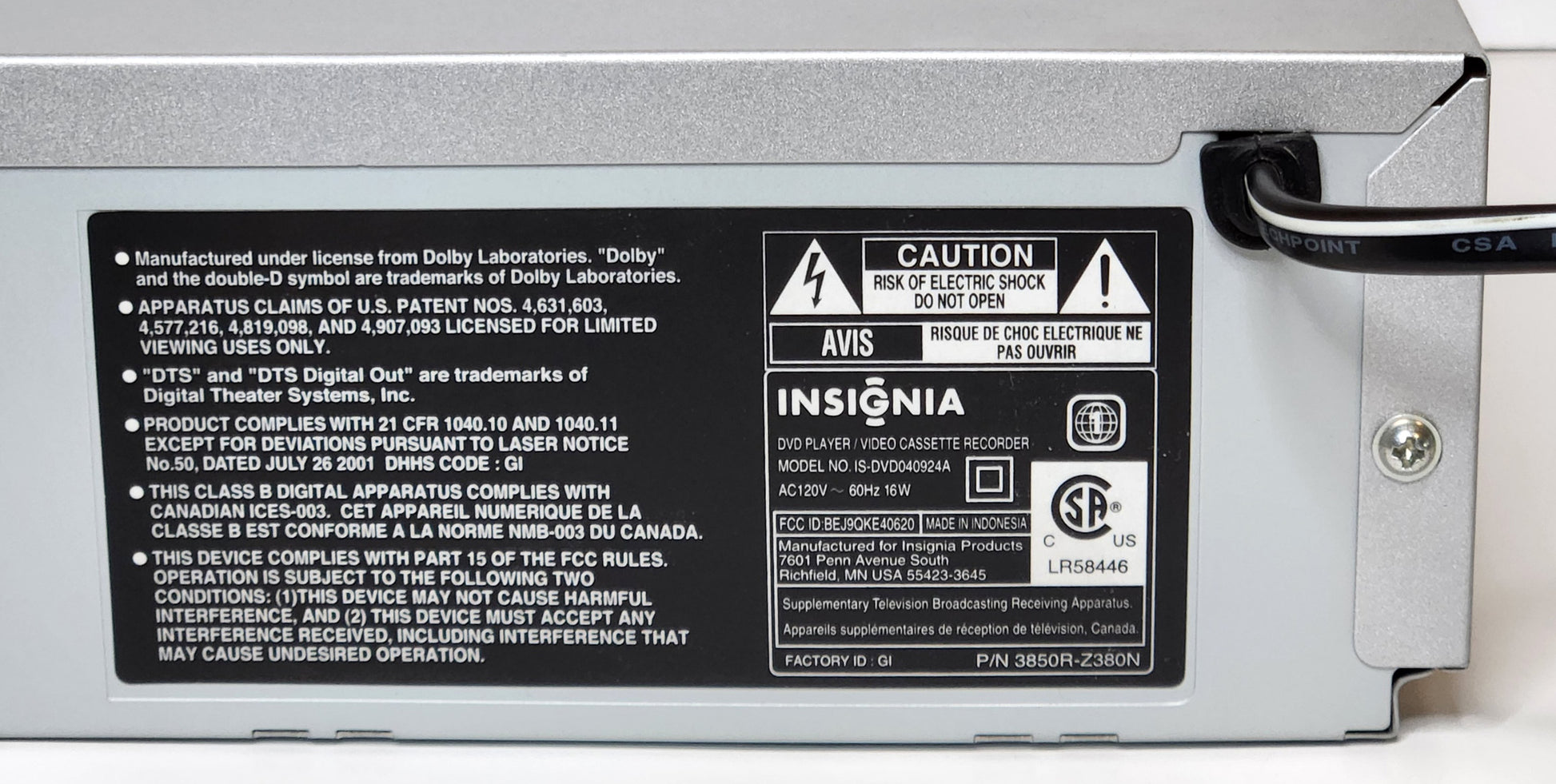 Insignia IS-DVD040924A VCR/DVD Player Combo - Label
