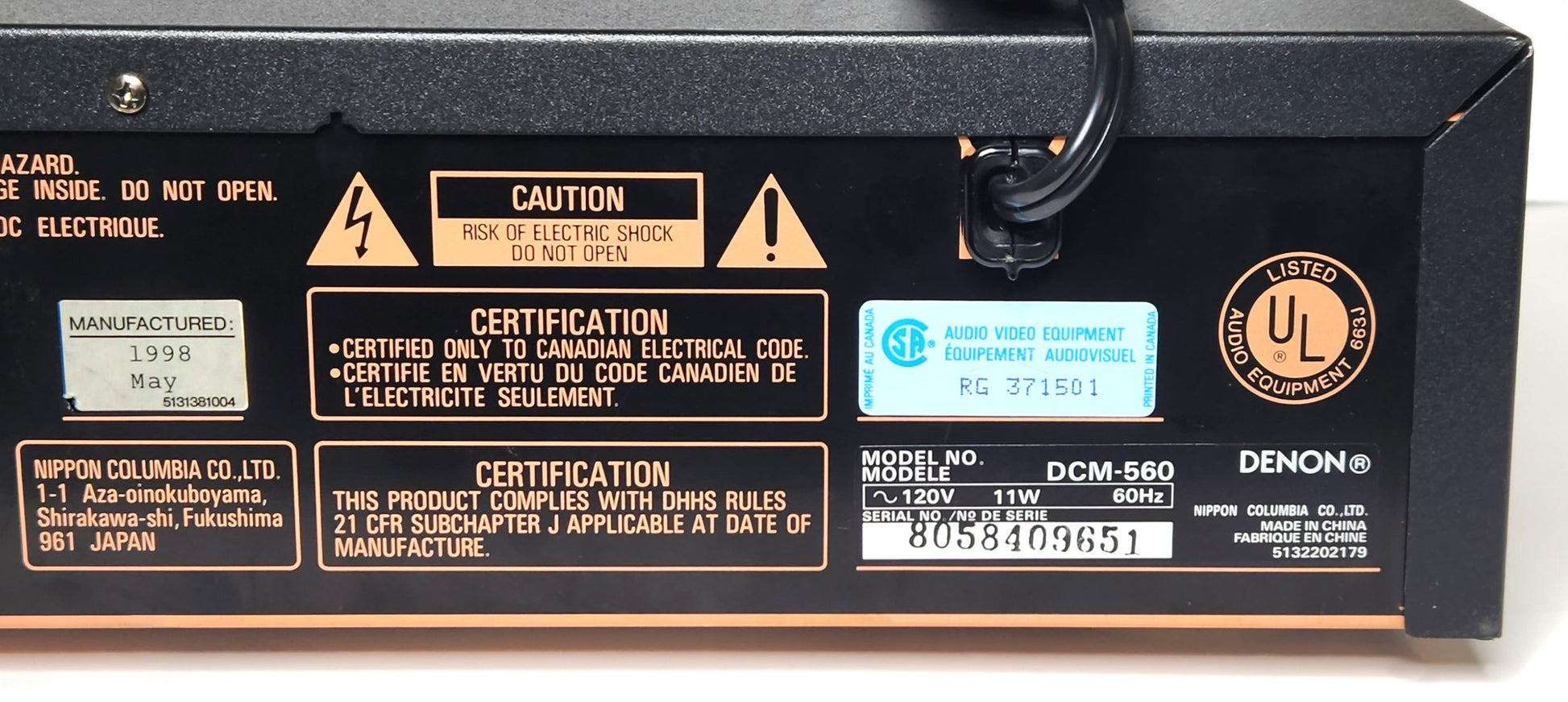 Denon DCM-560 5-Disc Carousel CD Changer - Label