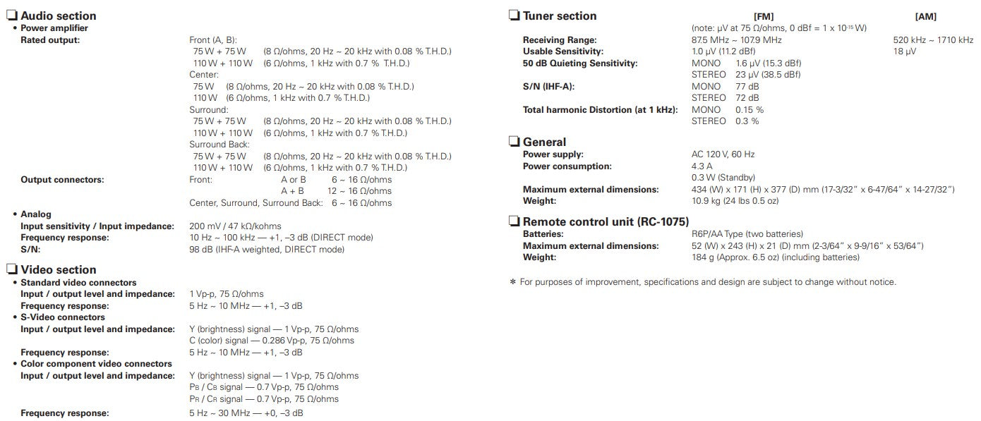 Denon AVR-588 7.1-CH Home Theater AV Receiver - Specifications