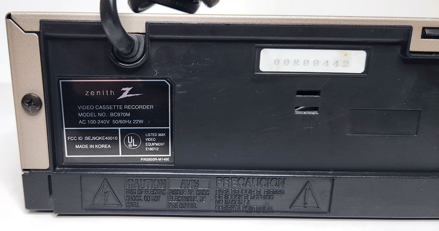 Zenith BC970M VCR, 4-Head Hi-Fi Stereo - Label