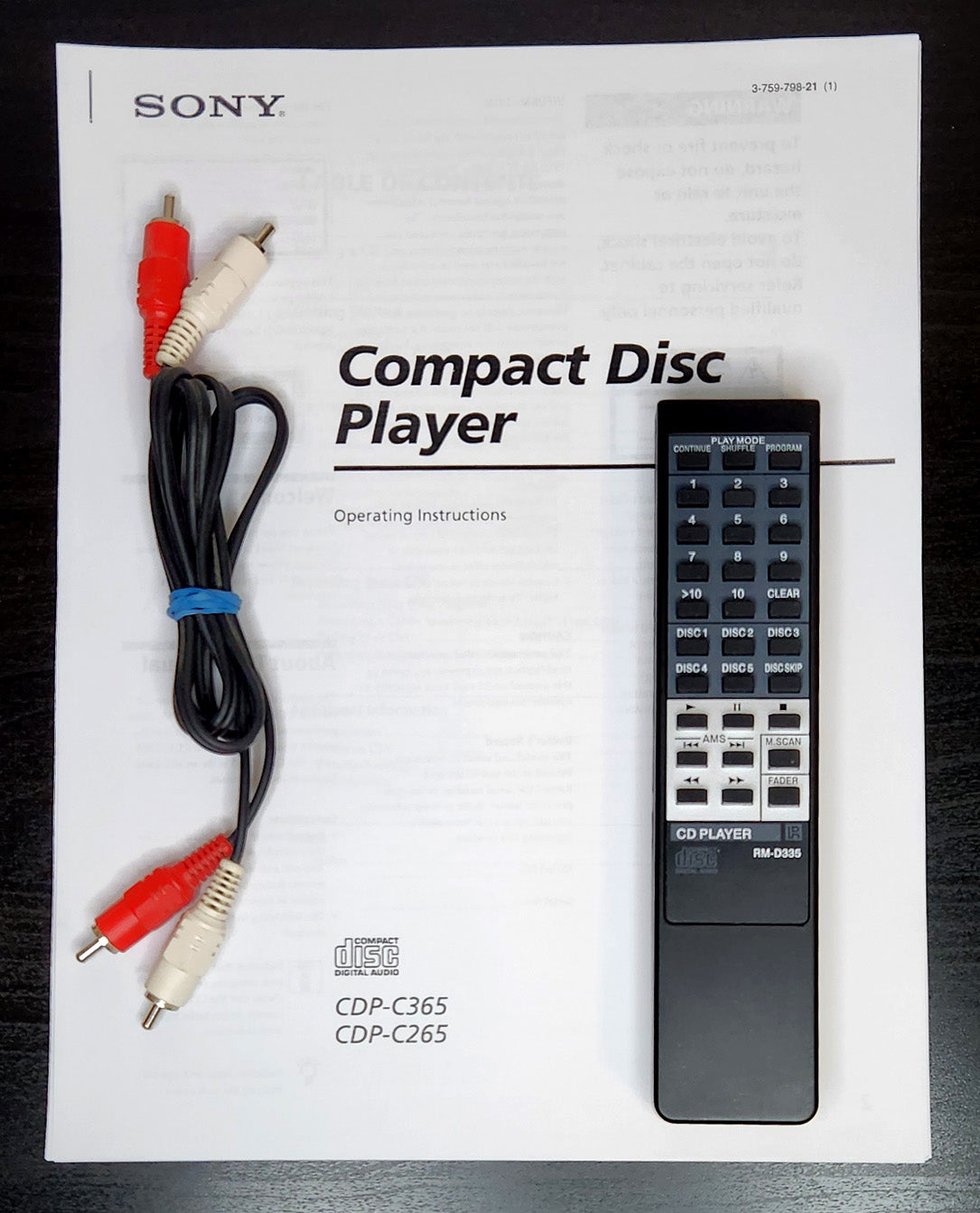 Sony CDP-C365 5-Disc Carousel CD Changer - Remote Control with batteries, cable, instruction manual included