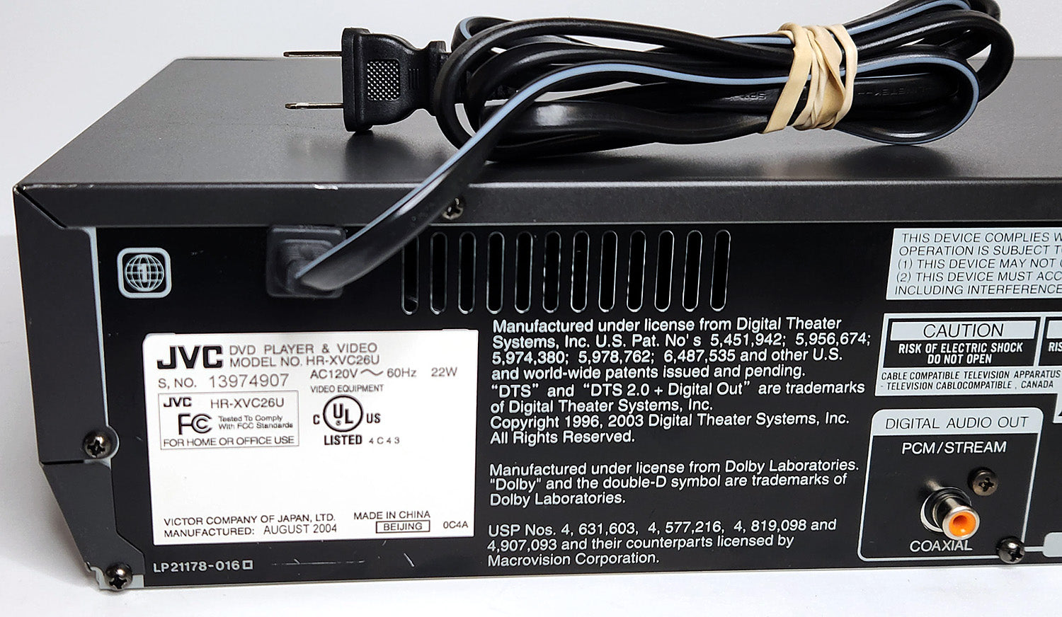 JVC HR-XVC26U VCR/DVD Player Combo - Label